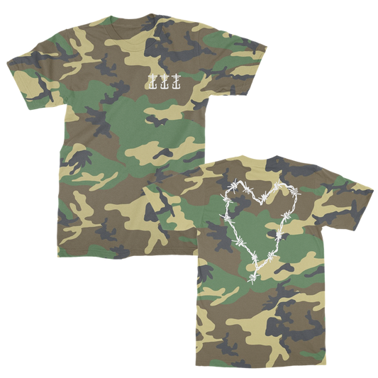 Barbed Wire Heart & Cross T-Shirt (Woodland Camo)